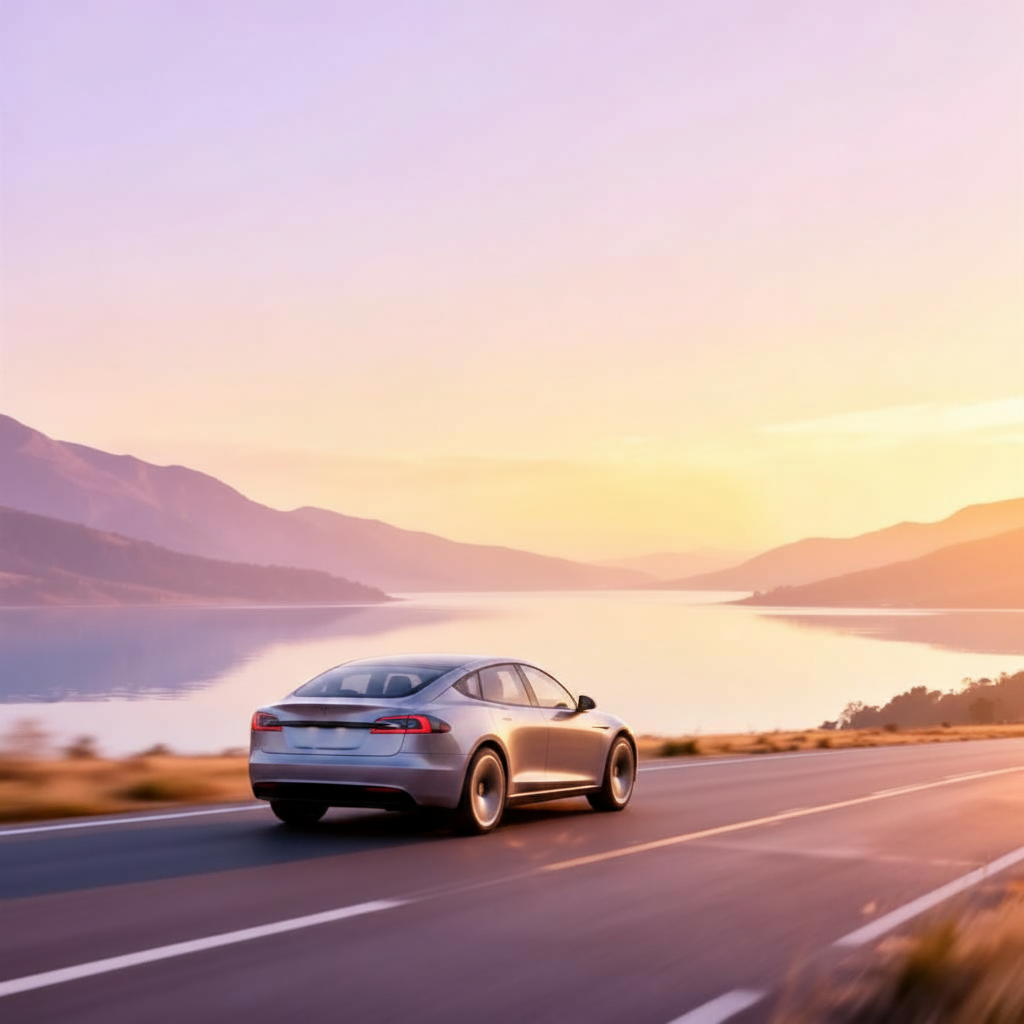 Voiture en location longue durée roulant sur une route au coucher de soleil
